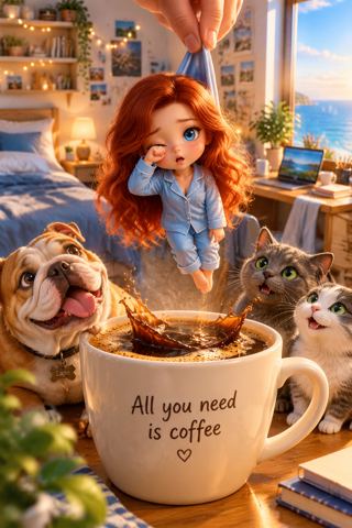 Стили и эффекты — Миниатюрная девочка и утренний кофе