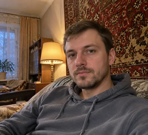 Исходник: мужчина в худи на диване дома, тёплый свет лампы