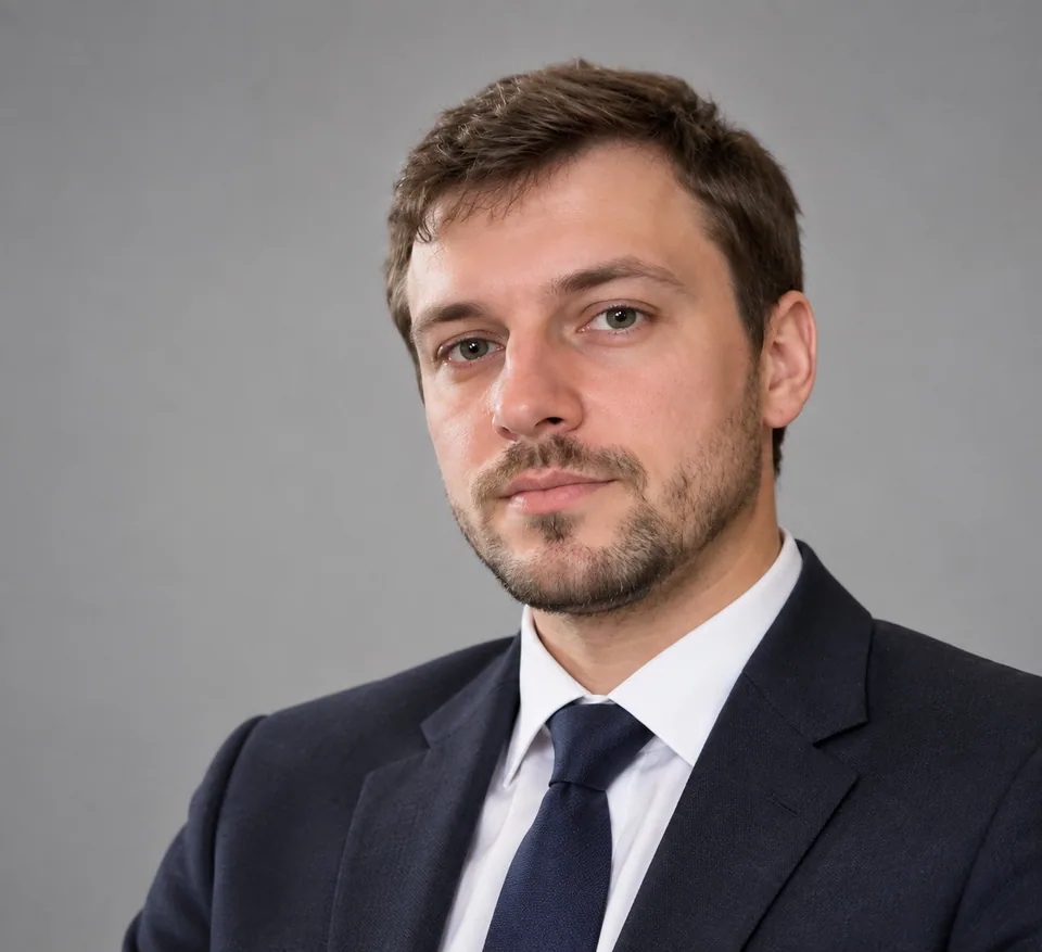 Результат: деловой портрет того же мужчины в пиджаке на нейтральном фоне
